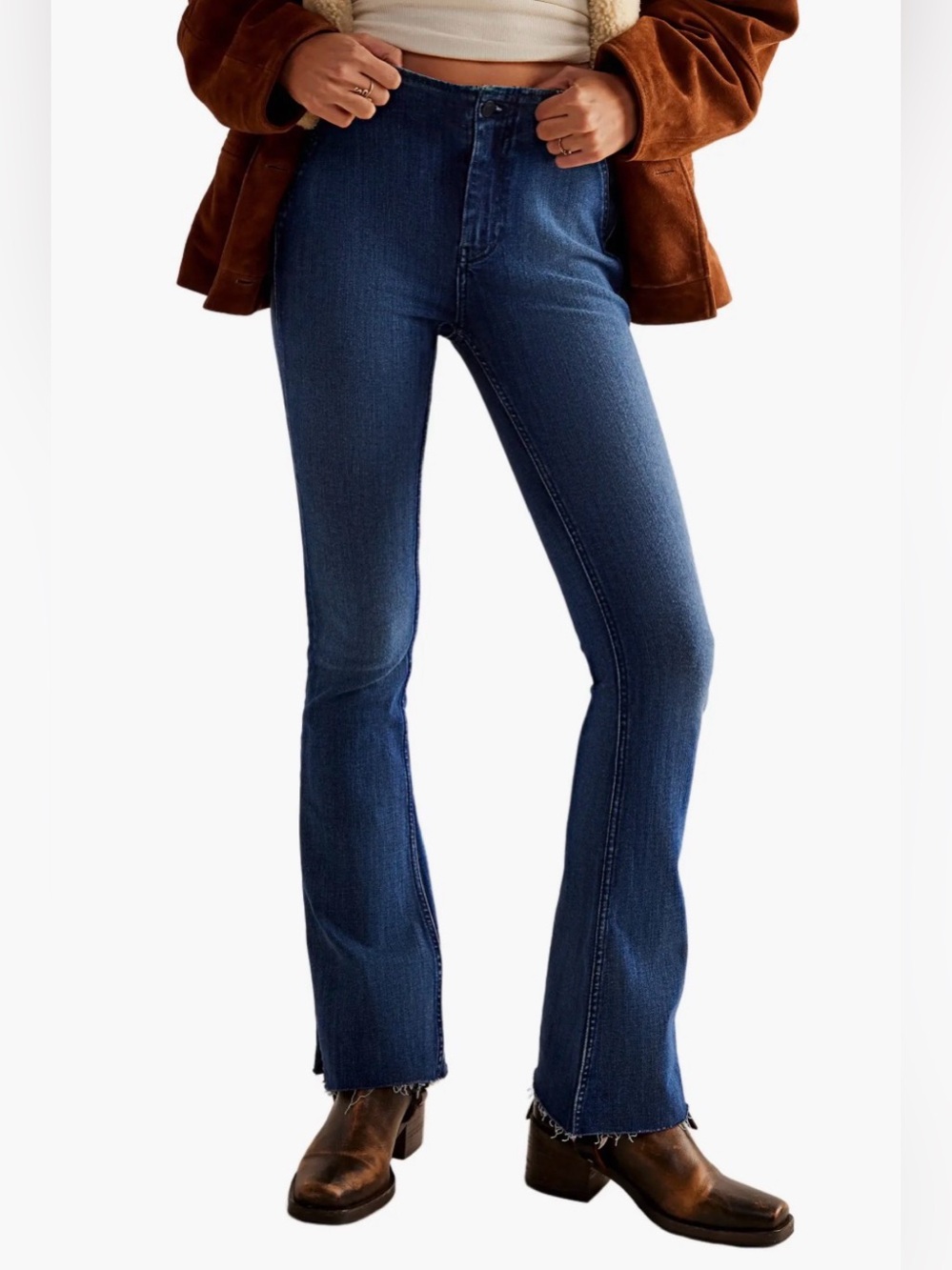 Free People Level Up Slit Flare Jeans Dark Wash Raw Hem Size 27